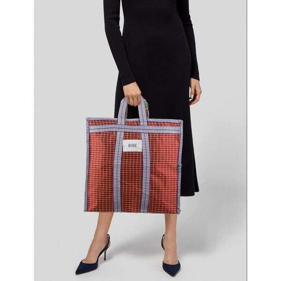 Bode Red & Blue Plaid Checkered Market Nylon Tote Bag - Picture 1 of 5